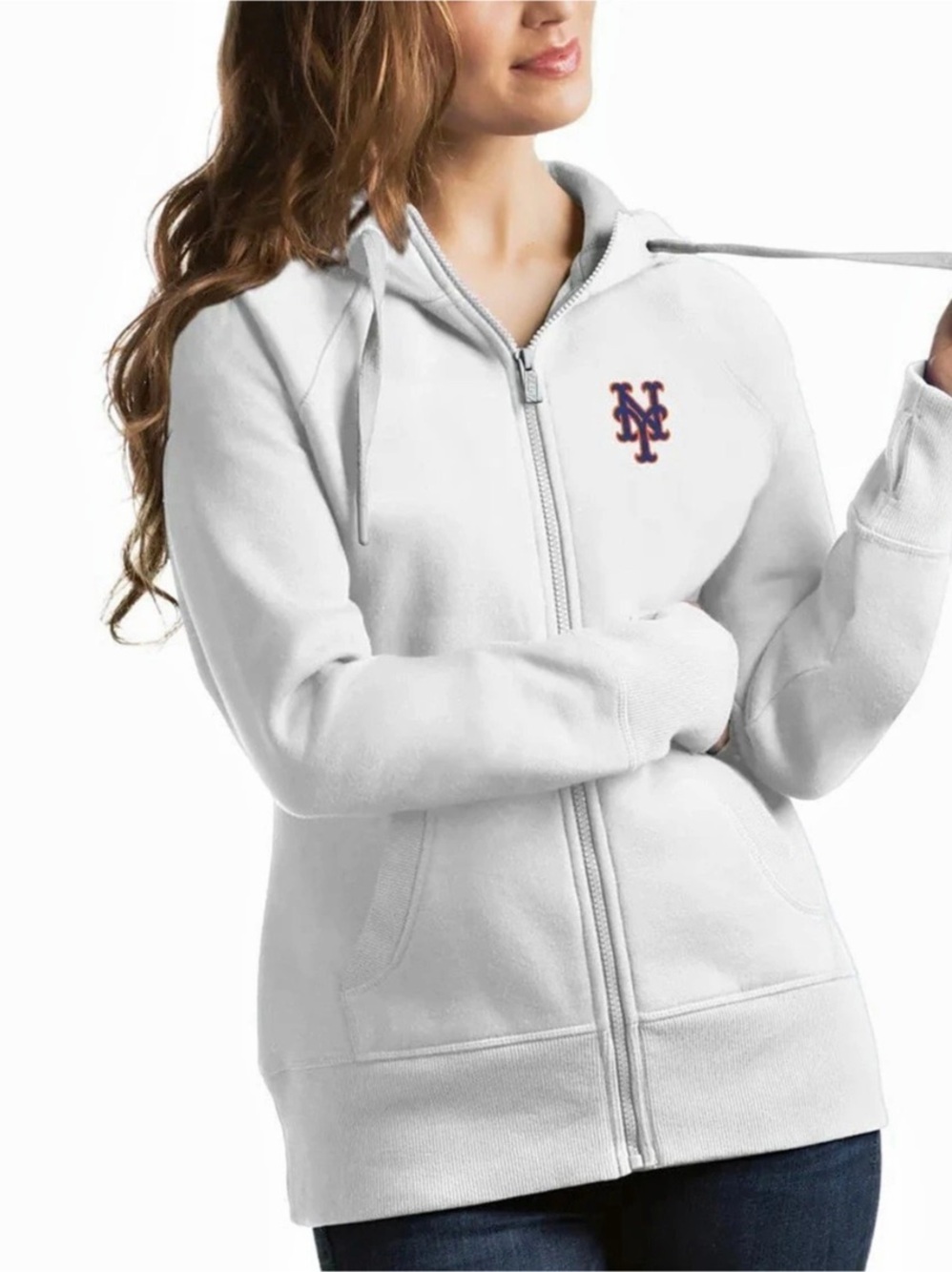 Antigua Victory Hood Mets Zip Hoodie White & Gray Small. NWT